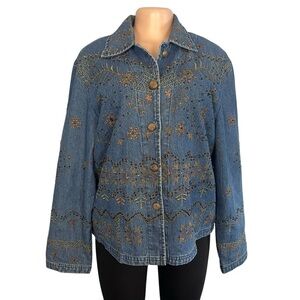 New Direction Vintage Denim Jacket Blue Embroidered Flowers Button Up